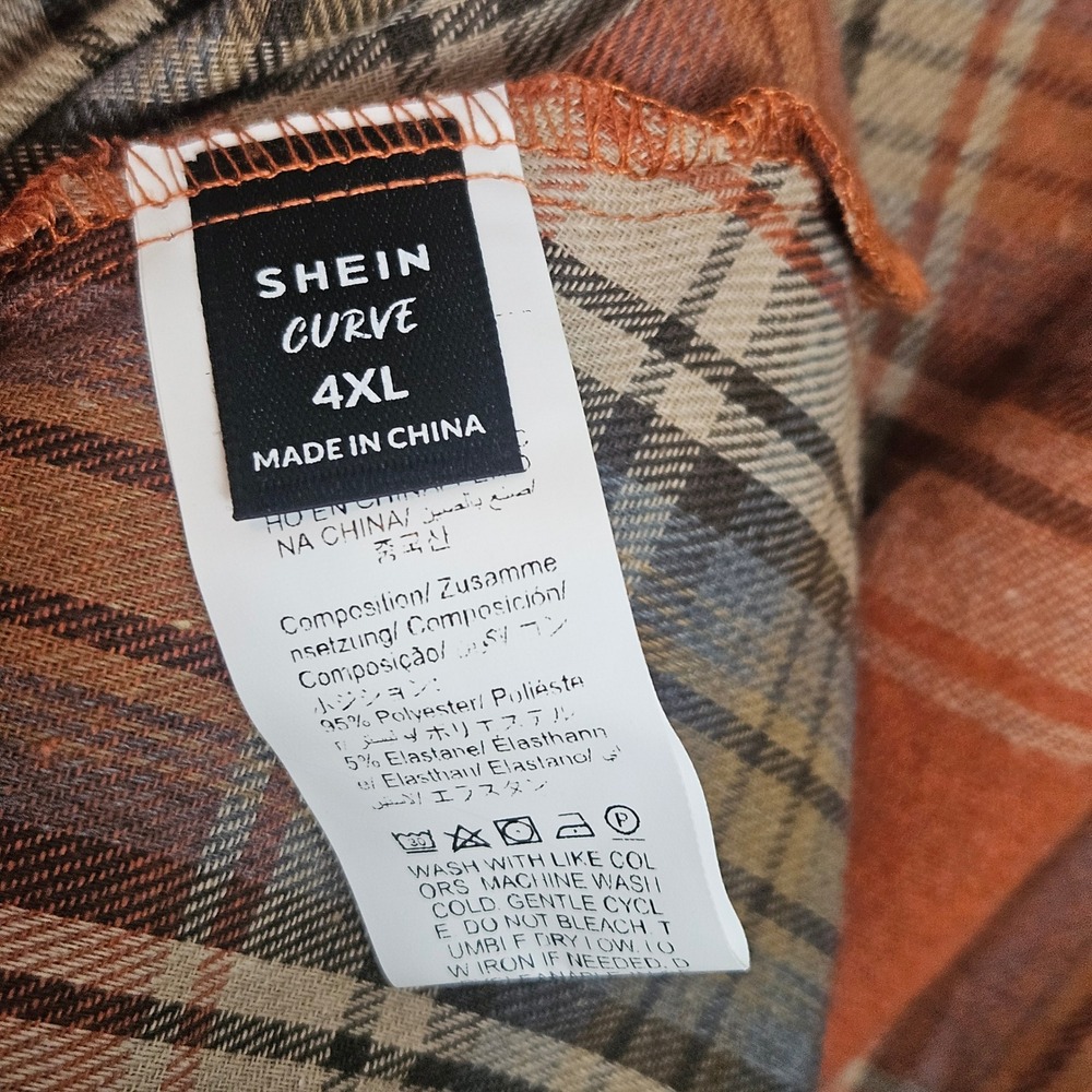 Plaid Flannel Button Front Midi Shirt Dress Sz 4XL Plus Orange Brown Belted - Picture 6 of 8